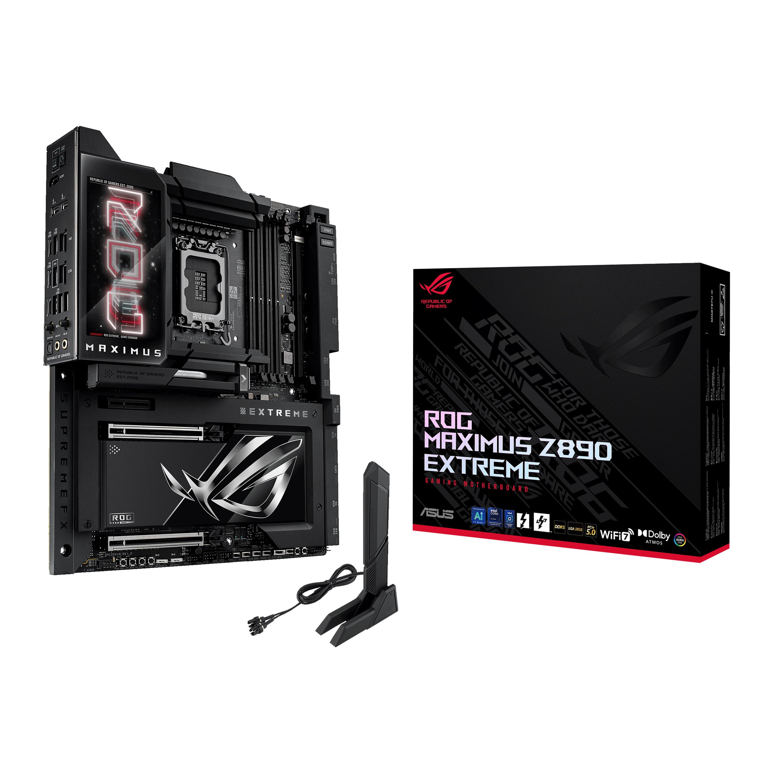 ASUS ROG MAXIMUS Z890 EXTREME Intel® Z890 LGA 1851 E-ATX motherboard, Advanced AI PC-ready, 24+2+1+2 stages, DDR5, WiFi7, 2.5G/10G LAN, PCIe® 5.0 M.2, Thunderbolt™ 5, USB Type-C®, AI OC, 5” LCD Screen