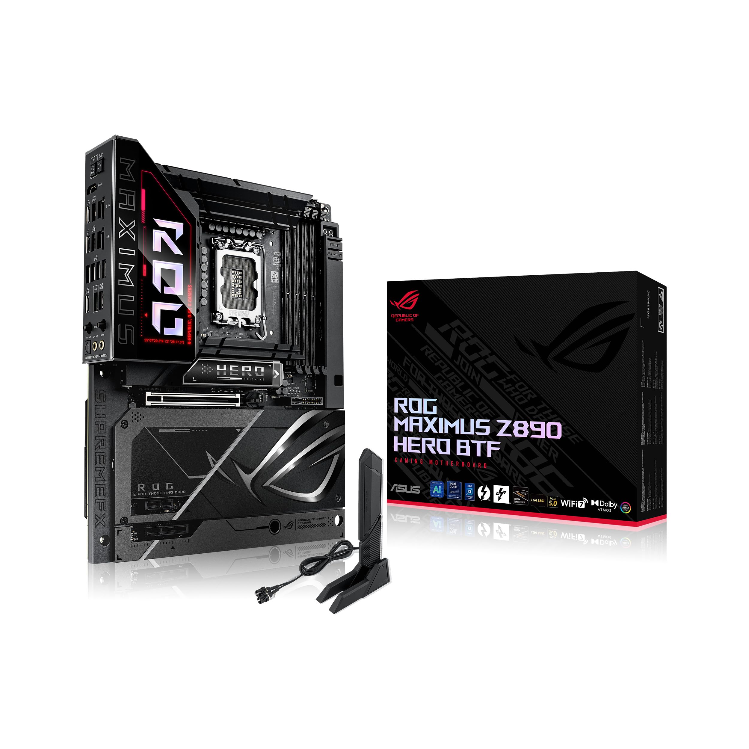 ASUS ROG MAXIMUS Z890 HERO BTF Z890 LGA 1851 ATX motherboard, hidden-connector design, Advanced AI PC Ready, 22+1+2+2 stages, DDR5, WiFi 7, 2.5G LAN, 6x M.2, PCIe 5.0, Thunderbolt 4, USB Type-C, AI OC