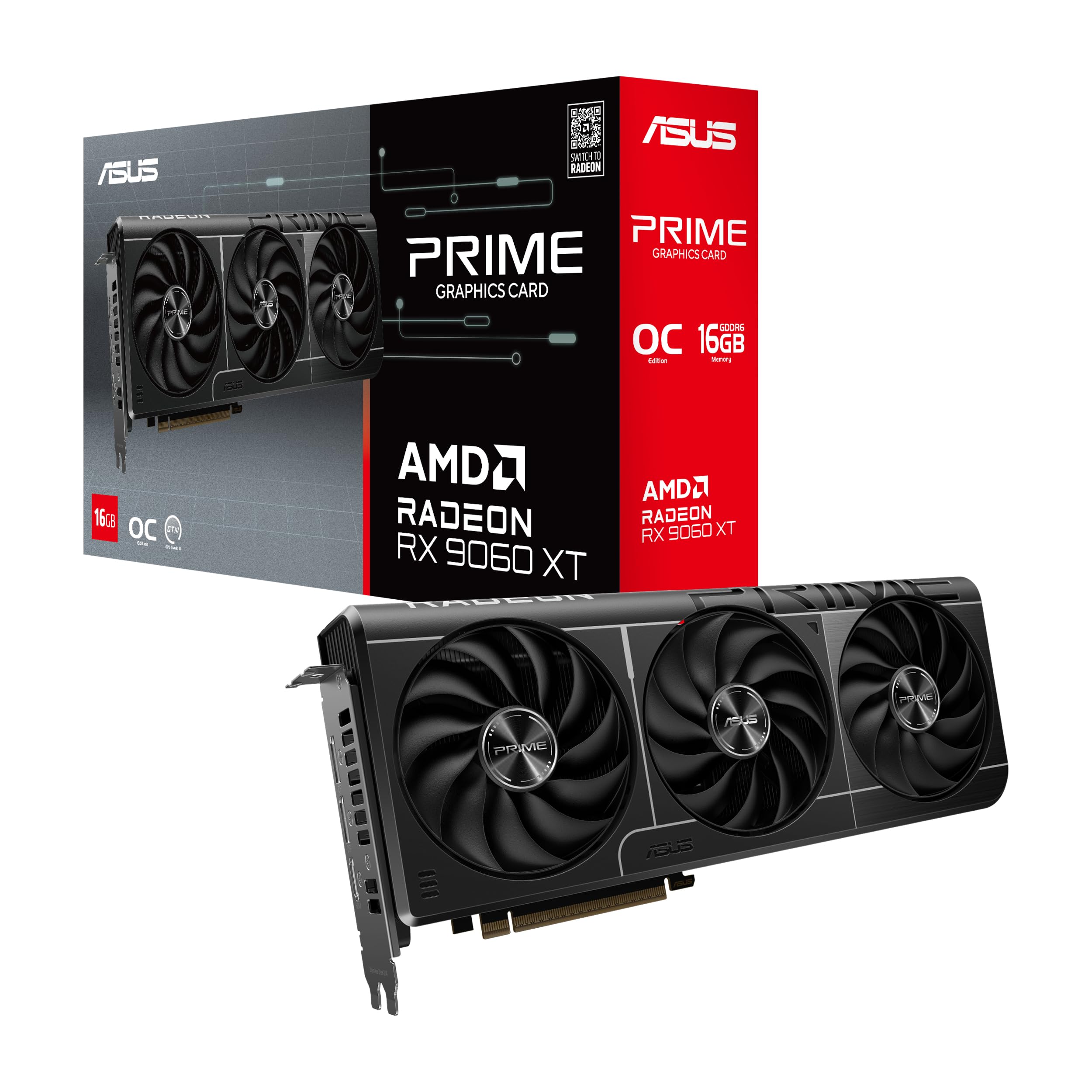 ASUS Prime Radeonâ„¢ RX 9060 XT 16GB GDDR6 OC Edition Graphics Card (PCIe 5.0, HDMI/DP 2.1, 2.5-Slot Design, axial-tech Fans, Dual Ball Fan Bearings, Dual BIOS, GPU Guard)