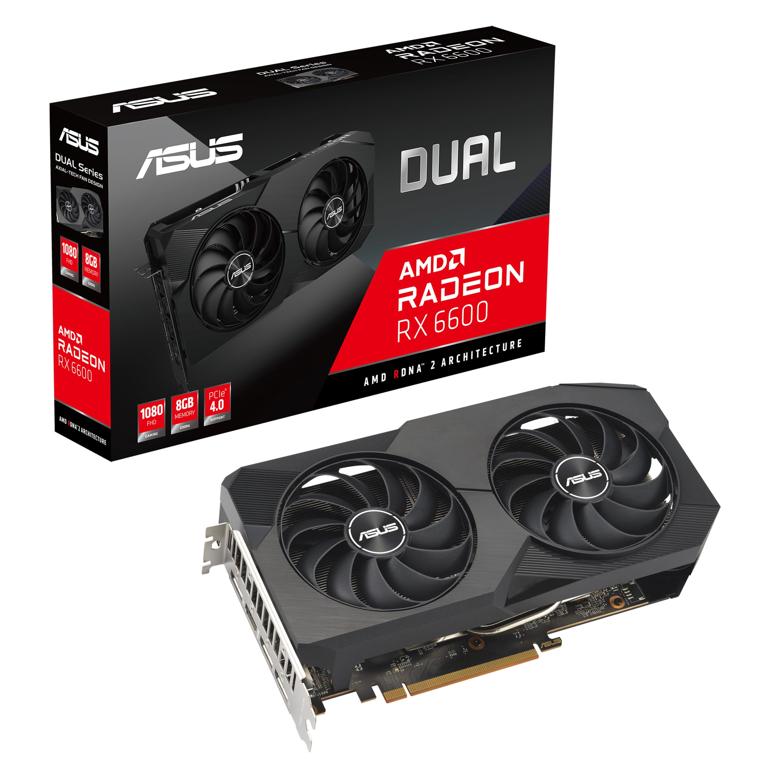 ASUS Dual AMD Radeonâ„¢ RX 6600 8GB GDDR6 Gaming Graphics Card (AMD RDNAâ„¢ 2, PCIe 4.0, 8GB GDDR6 Memory, HDMI 2.1, DisplayPort 1.4a, Axial-tech Fan Design, 0dB Technology)