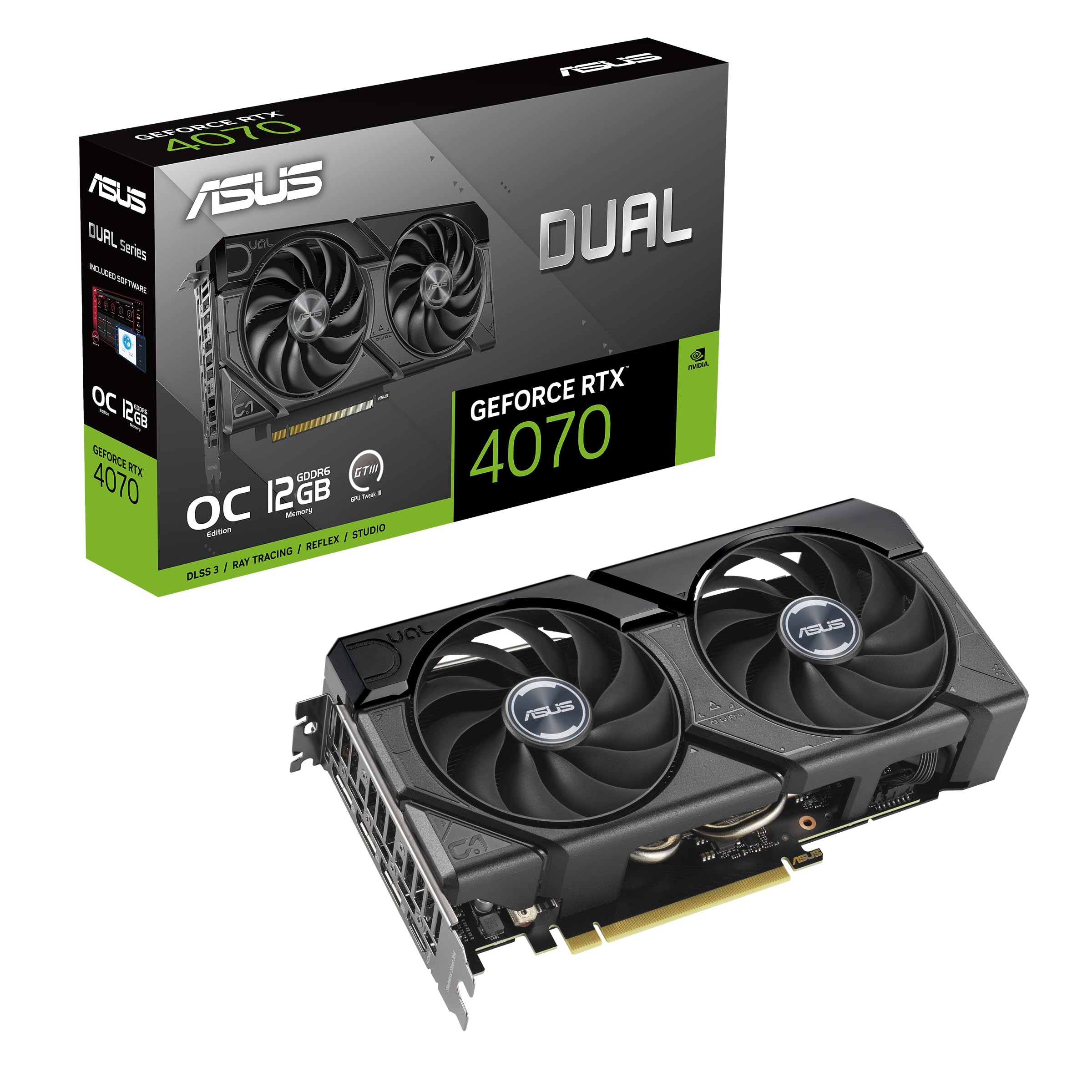 The SFF-ready ASUS Dual GeForce RTX™ 4070 EVO OC Edition 12GB GDDR6 (PCIe 4.0, 12GB GDDR6, DLSS 3, HDMI 2.1a, DisplayPort 1.4a, 2.5-slot design, Axial-tech fan design, 0dB technology)