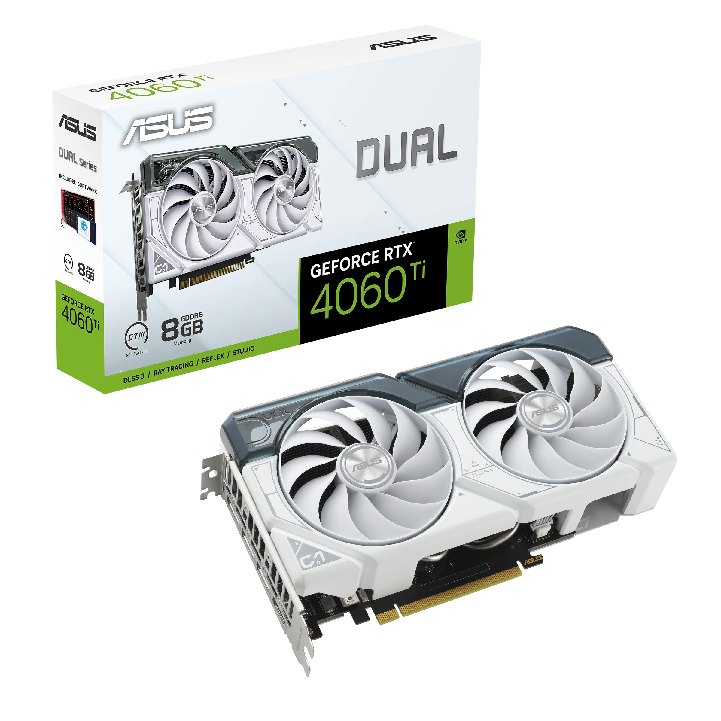 ASUS Dual GeForce RTXâ„¢ 4060 Ti White Edition 8GB GDDR6 (PCIe 4.0, 8GB GDDR6, DLSS 3, HDMI 2.1, DisplayPort 1.4a, Axial-tech Fan Design, 0dB Technology, and More)