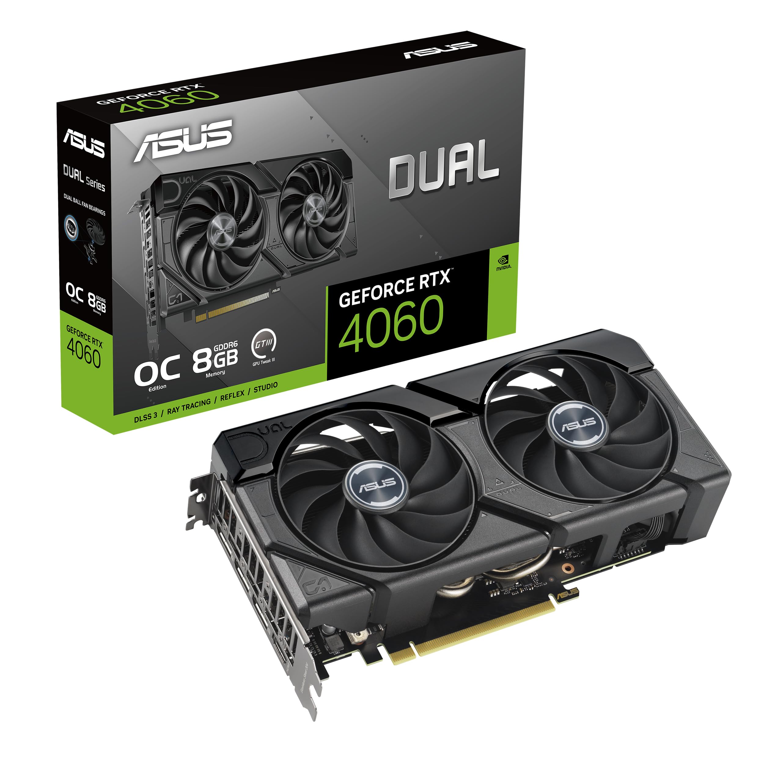 ASUS Dual GeForce RTXâ„¢ 4060 EVO OC Edition 8GB GDDR6 (PCIe 4.0, 8GB GDDR6, DLSS 3, HDMI 2.1a, DisplayPort 1.4a, Axial-tech Fan Design, 0dB Technology, Dual BIOS, Auto-Extreme Technology, and More)