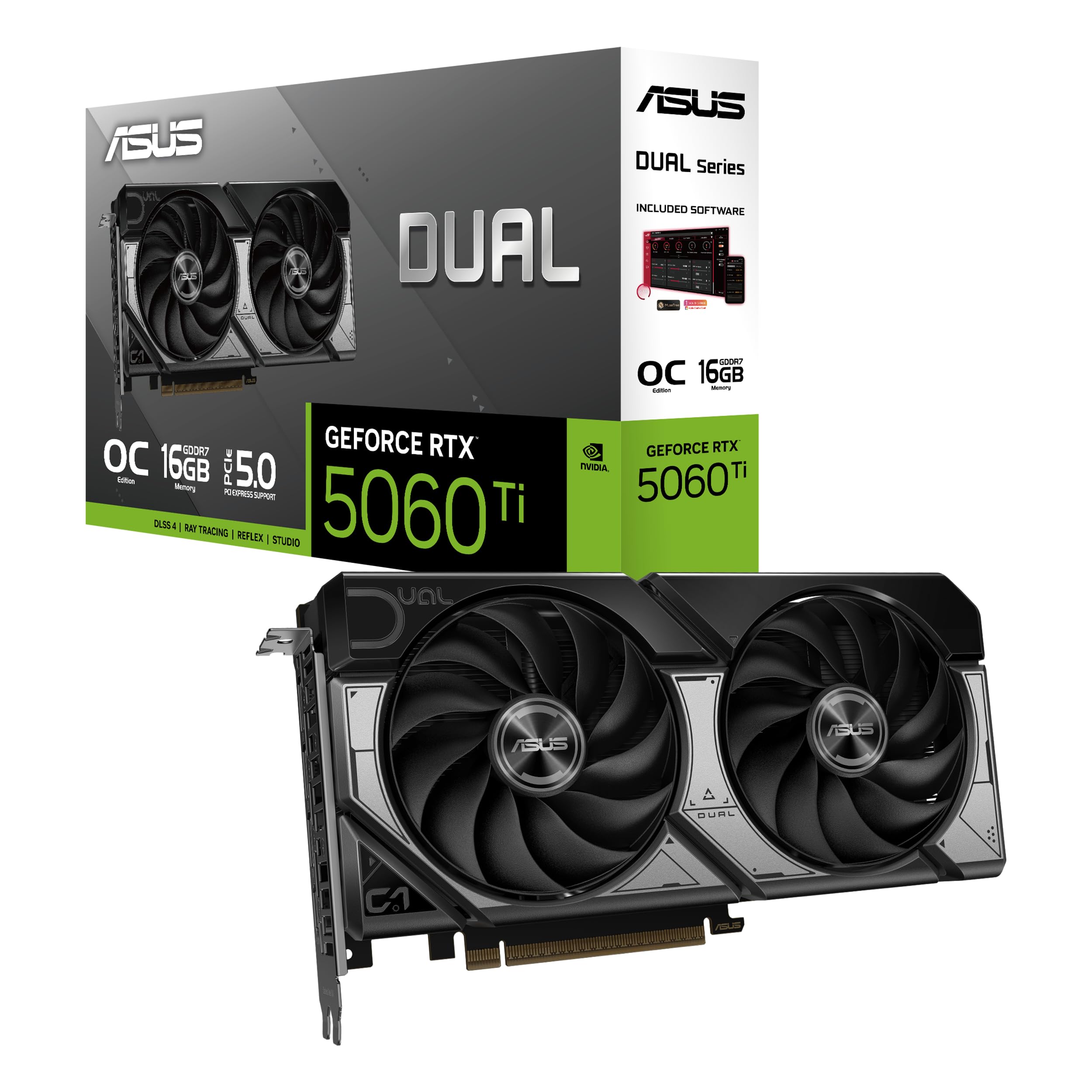 ASUS Dual GeForce RTX™ 5060 Ti 16GB GDDR7 OC Edition (PCIe 5.0, 16GB GDDR7, DLSS 4, HDMI 2.1b, DisplayPort 2.1b, 2.5-Slot Design, Axial-tech Fan Design, 0dB Technology, and More)
