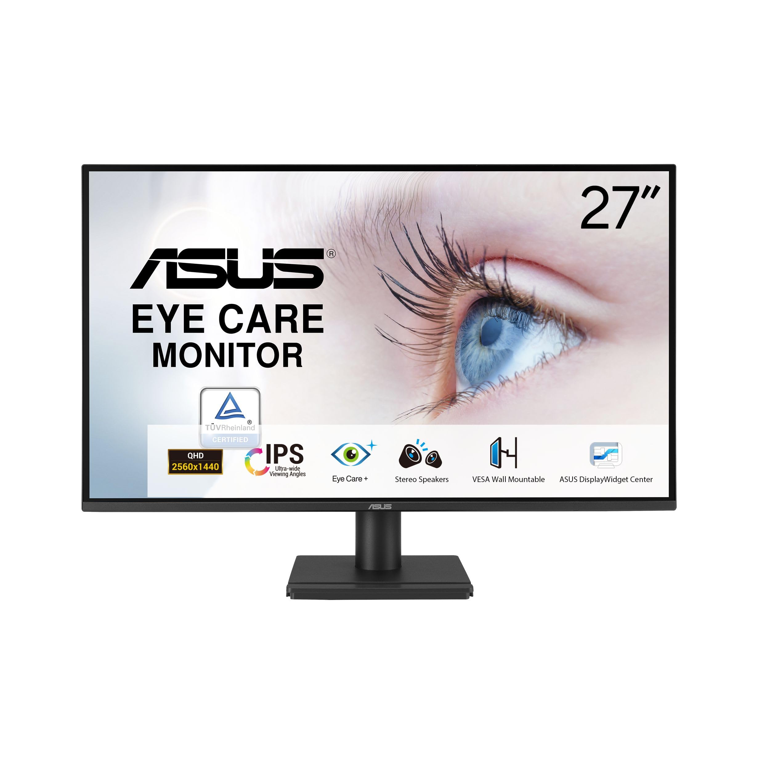 ASUS 27” 1440P Eye Care Monitor (VA27AQ) - IPS, QHD (2560 x 1440), 99% sRGB, Frameless, HDMI, DisplayPort, VGA, 1ms, Speakers, Low Blue Light, Flicker Free, VESA Wall Mountable, 3 yr Warranty