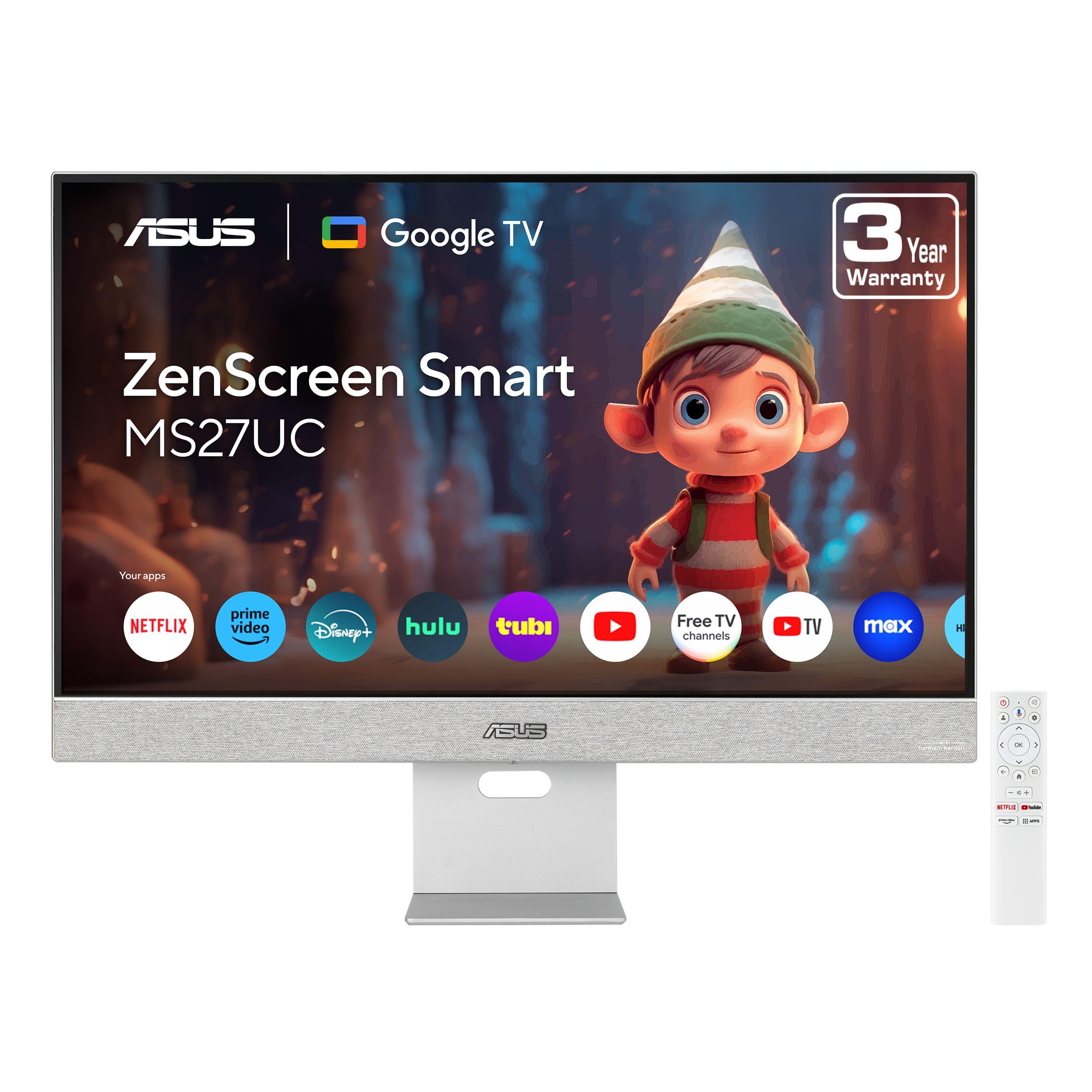 ASUS ZenScreen 27” 4K USB-C Smart Monitor (MS27UC) - UHD (3840 x 2160) IPS, 99% sRGB, GoogleTV, Harman Kardon Speakers, USB-C 90W PD, USB Hub, Wireless Display, Netflix and YouTube, 3 yr Warranty