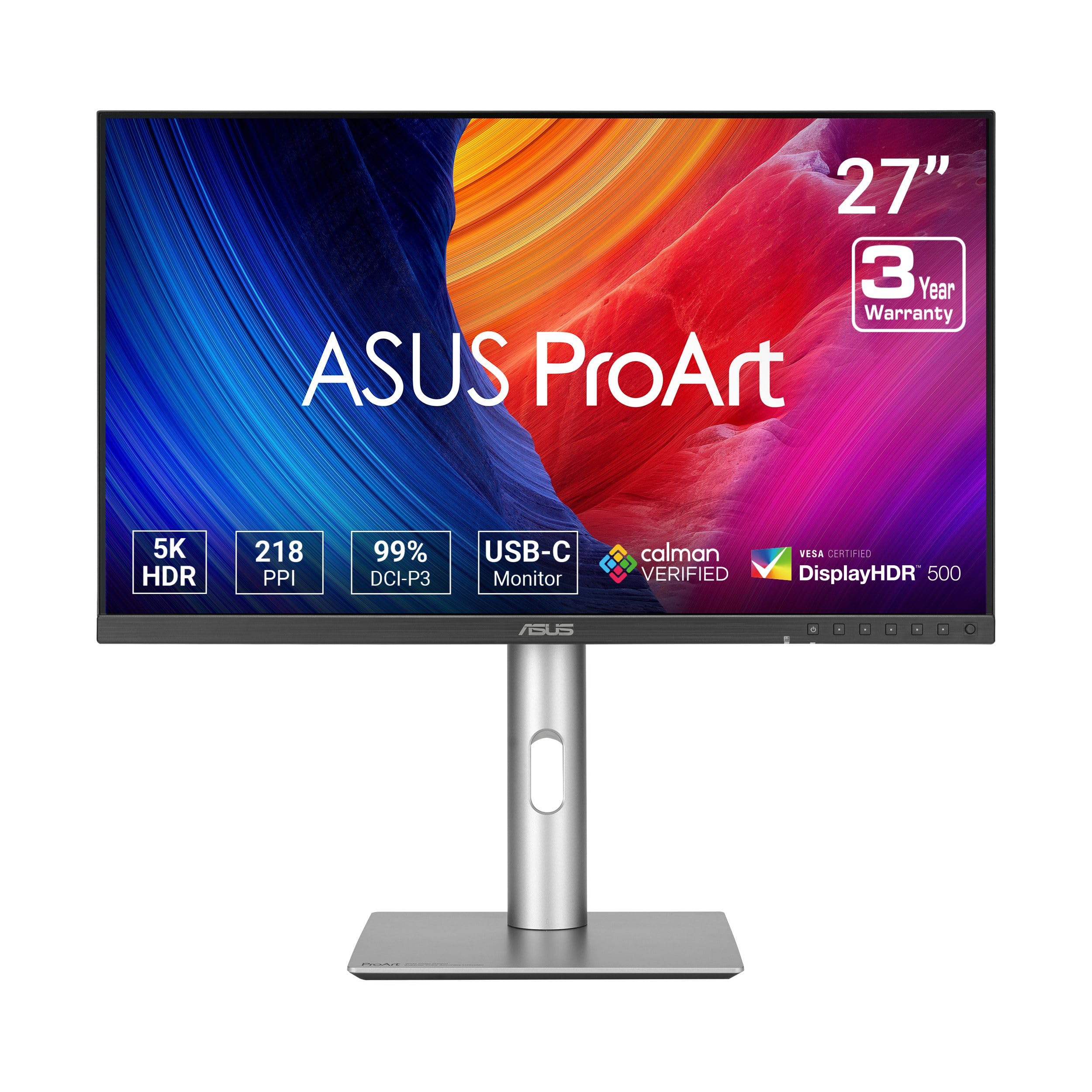 ASUS ProArt Display 27” 5K HDR Professional Monitor (PA27JCV) - 5K (5120 x 2880), IPS, 99% DCI-P3, 100% sRGB, ΔE < 2, USB-C PD 96W, Calman Verified, Color Accurate, LuxPixel, 3 yr Warranty